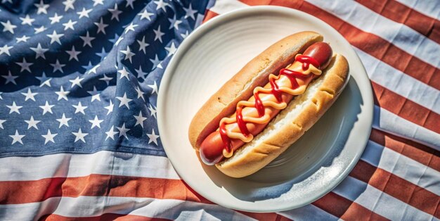 A hot dog is on a white plate in front of an American flag