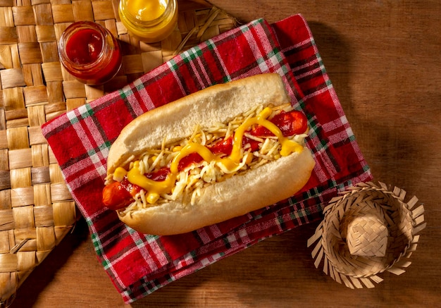 Hot dog in June party set ( festa junina ), top view.