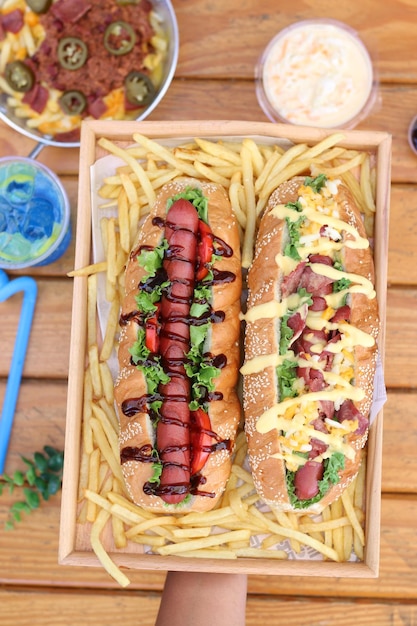 hot dog sandwiches on a tray