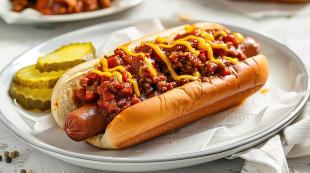 Hot dog topped with chili and mustard served pickles