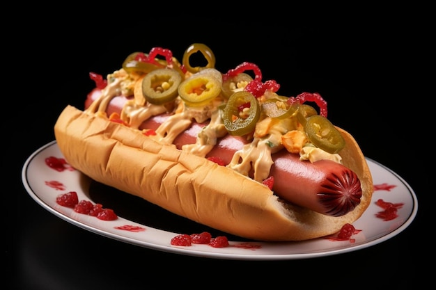 Photo hot dog topped with pickled radish