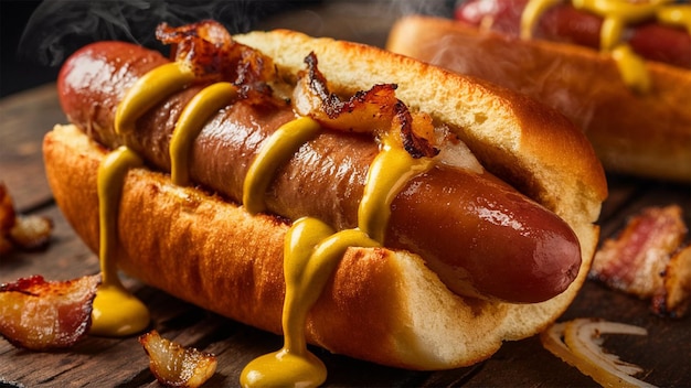 a hot dog with bacon on a bun with a sauce on it