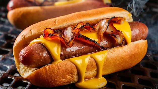 a hot dog with bacon and cheese on a bun