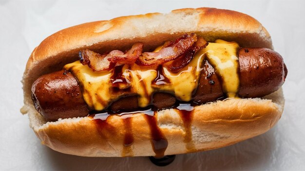 a hot dog with bacon and cheese on it