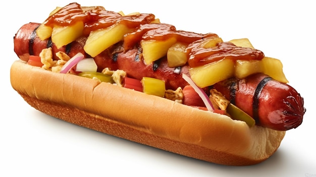 A hot dog with bbq sauce and bbq sauce on it.