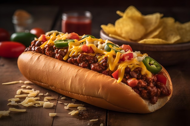 A hot dog with cheese and tomato sauce on a table.