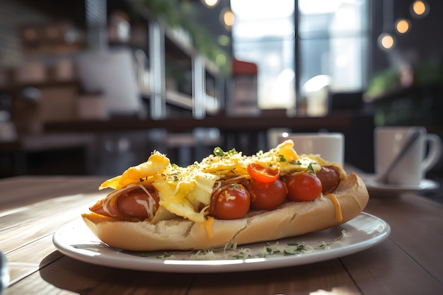 Photo a hot dog with cheese and tomatoes on it