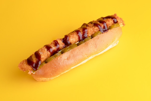 Hot dog with chicken hot dog on yellow background bright background