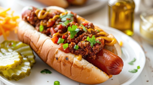 Hot dog with chili mustard pickle slices and fresh herbs on plate