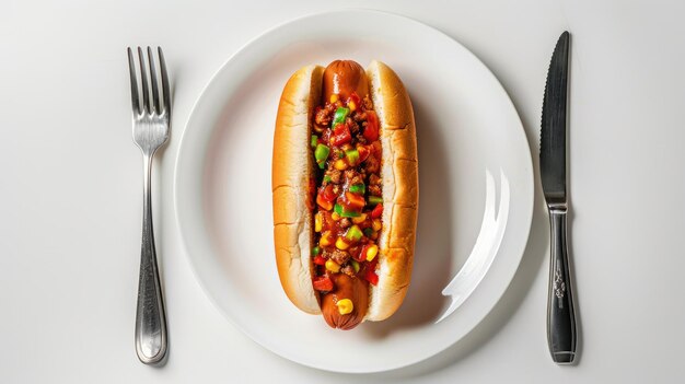 Photo hot dog with colorful toppings served on white plate