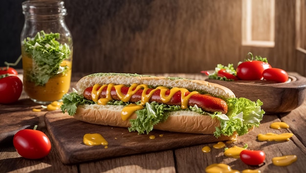 Hot dog with fresh lettuce leaves ketchup mustard on a wooden board