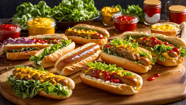 Hot dog with fresh lettuce leaves ketchup mustard on a wooden board