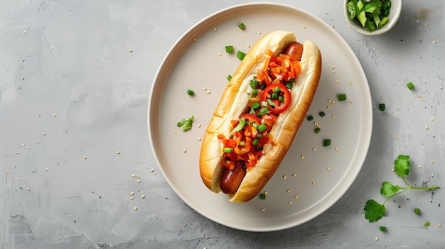 Photo hot dog with fresh vegetables and herbs placed on white plate