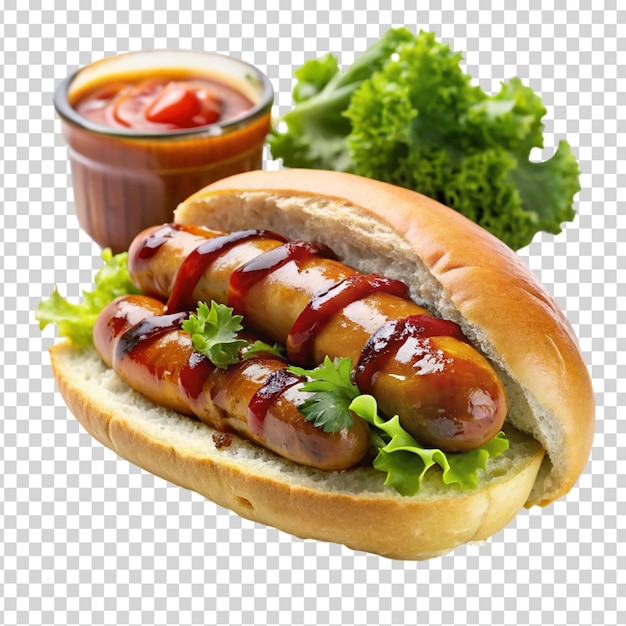 A hot dog with ketchup and mustard on a bun on transparent background