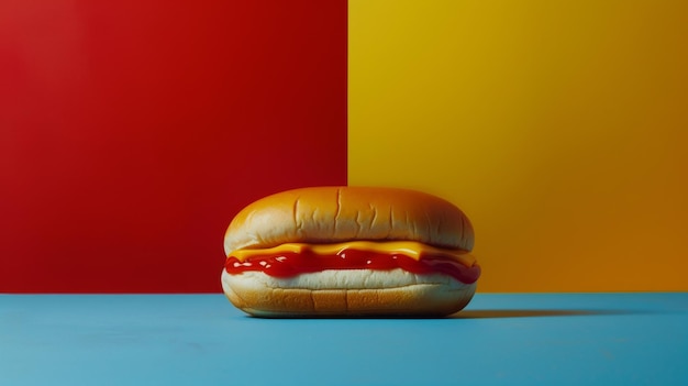 a hot dog with ketchup and mustard on it sits on a blue table