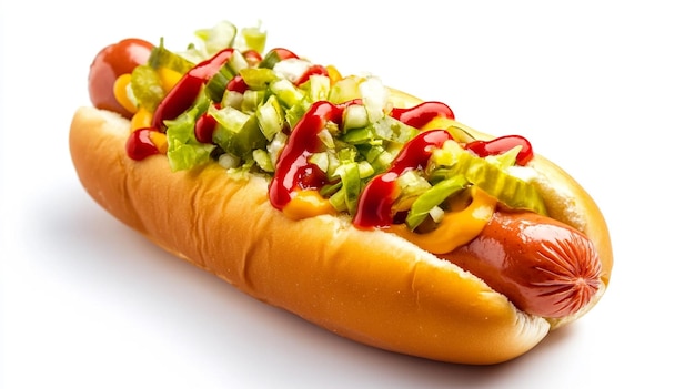 a hot dog with ketchup mustard and ketchup on it