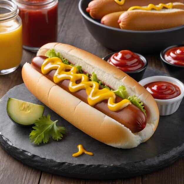 Photo a hot dog with ketchup and mustard on a plate with ketchup and ketchup