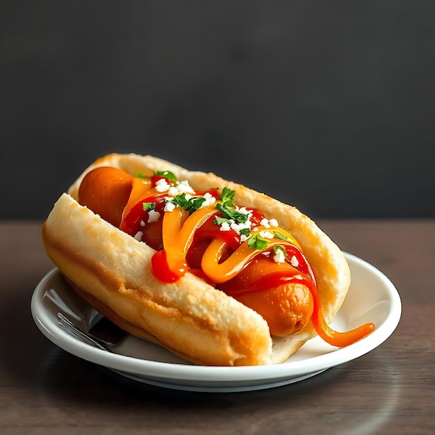 a hot dog with ketchup and mustard on a plate