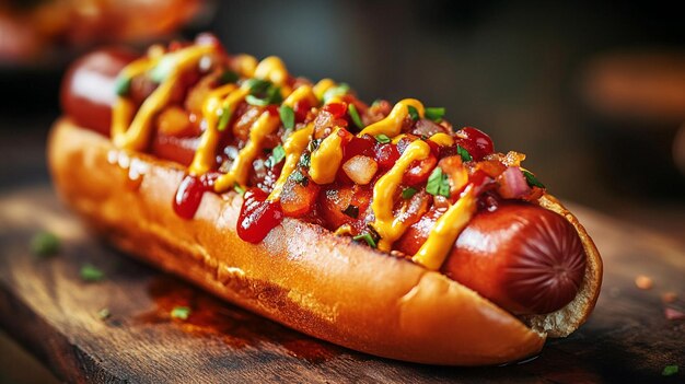 a hot dog with ketchup and mustard on a table