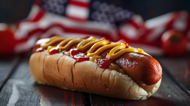 Photo a hot dog with ketchup and mustard on a table