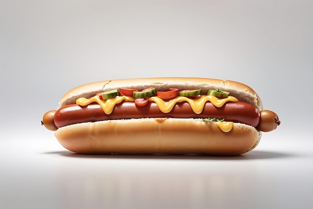 Hot dog with ketchup and mustard on white