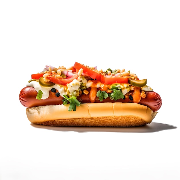 A hot dog with a lot of toppings on it