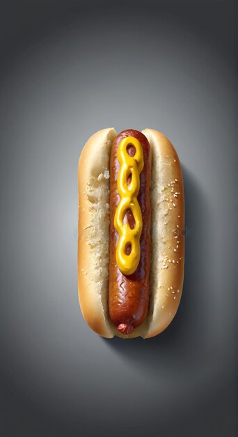 a hot dog with mustard and a bun with a few holes in the middle