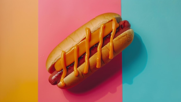 a hot dog with mustard on it is on a pink table