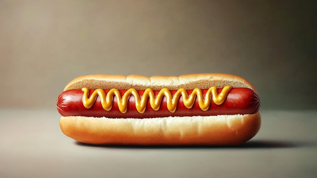 a hot dog with mustard on it is shown