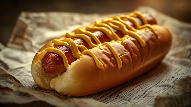 a hot dog with mustard on it is on a table