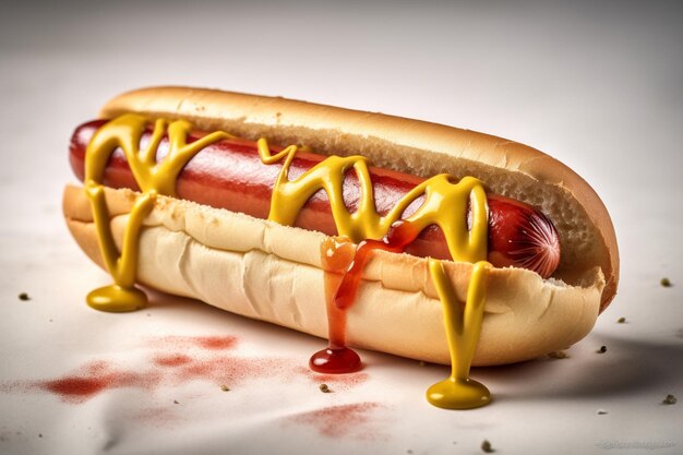 A hot dog with mustard on it is on a table.