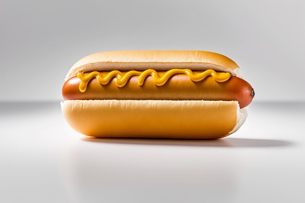 A hot dog with mustard on it is on a table.