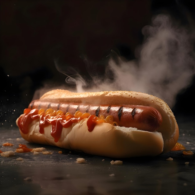 Hot dog with mustard and ketchup on a black background with smoke