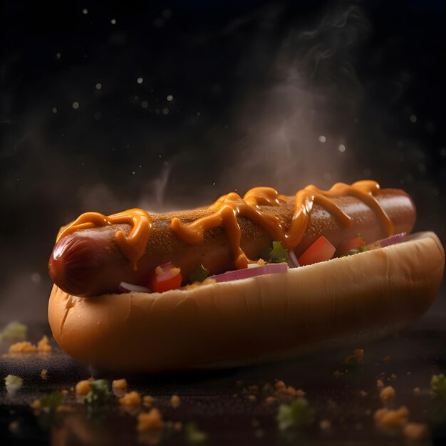 Hot dog with mustard and ketchup on a black background with smoke