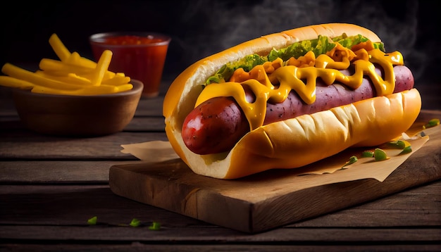 Hot dog with mustard ketchup and french fries on wooden table Generative AI