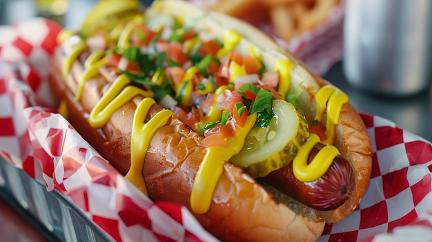 Photo a hot dog with mustard and ketchup is on a bun