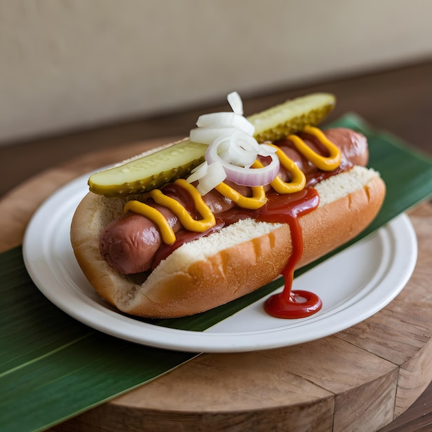 Photo a hot dog with mustard and ketchup is on a plate