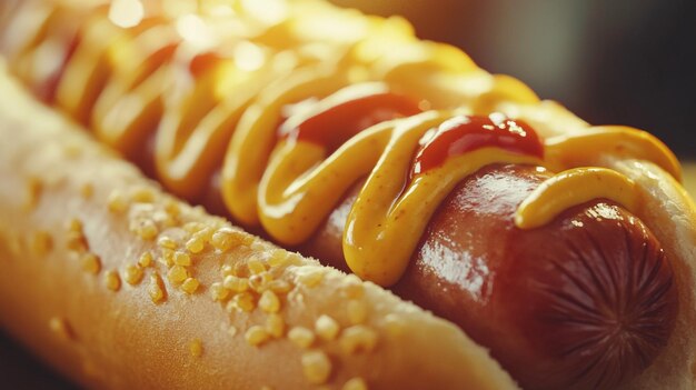 Photo a hot dog with mustard and ketchup is shown