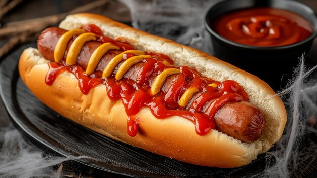 a hot dog with mustard and ketchup is on a table