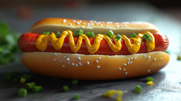 a hot dog with mustard and ketchup is on a table