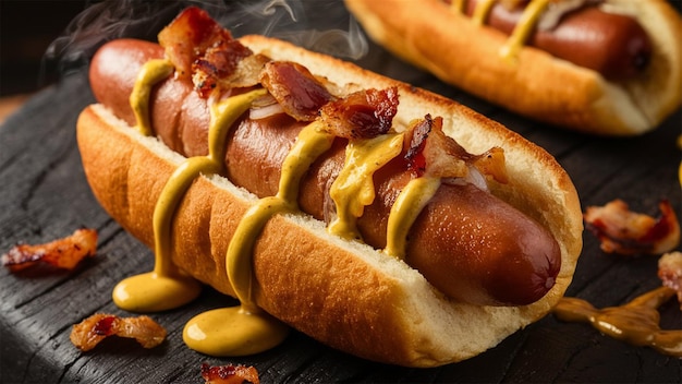 a hot dog with mustard and ketchup is on a table