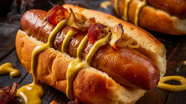 a hot dog with mustard and ketchup is on a table