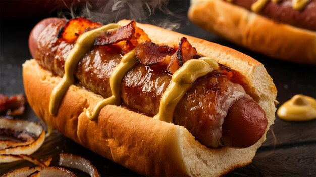 a hot dog with mustard and ketchup is on a table