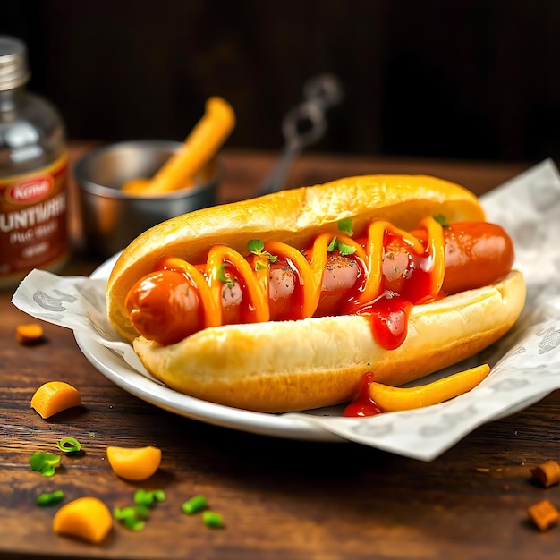 a hot dog with mustard and ketchup is on a table