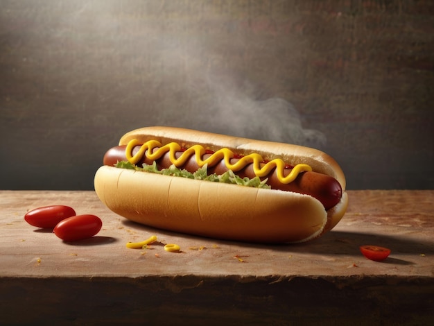 a hot dog with mustard and ketchup on a table