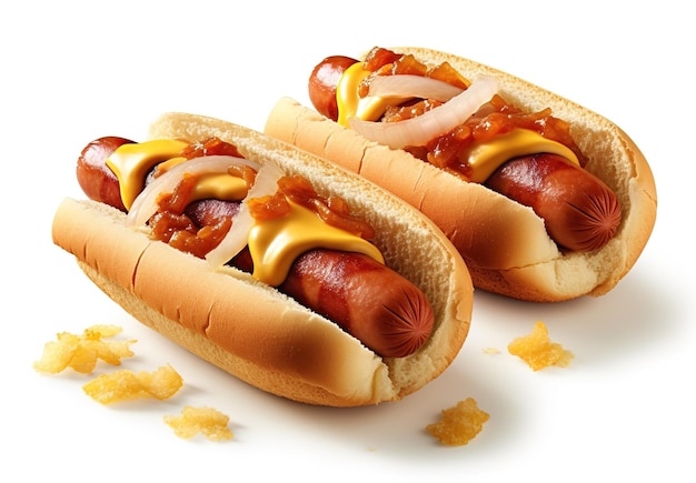 Hot dog with mustard and ketchup on a white background