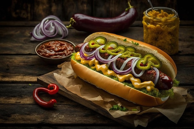 A hot dog with mustard and ketchup on a wooden table.