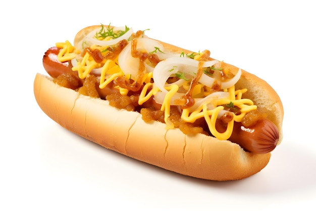 hot dog with onions and cheese isolated on white background