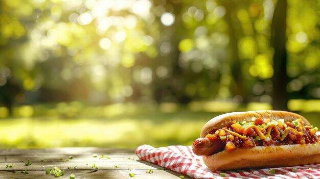 Photo hot dog with relish and toppings on picnic table outdoors