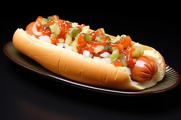 Photo hot dog with roasted tomato relish